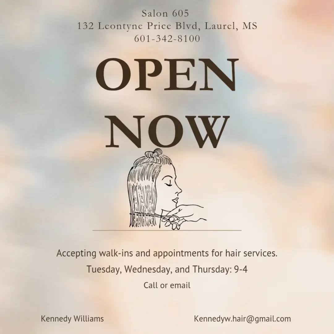 Hair by Kennedy announcement accepting walk-ins and appointments